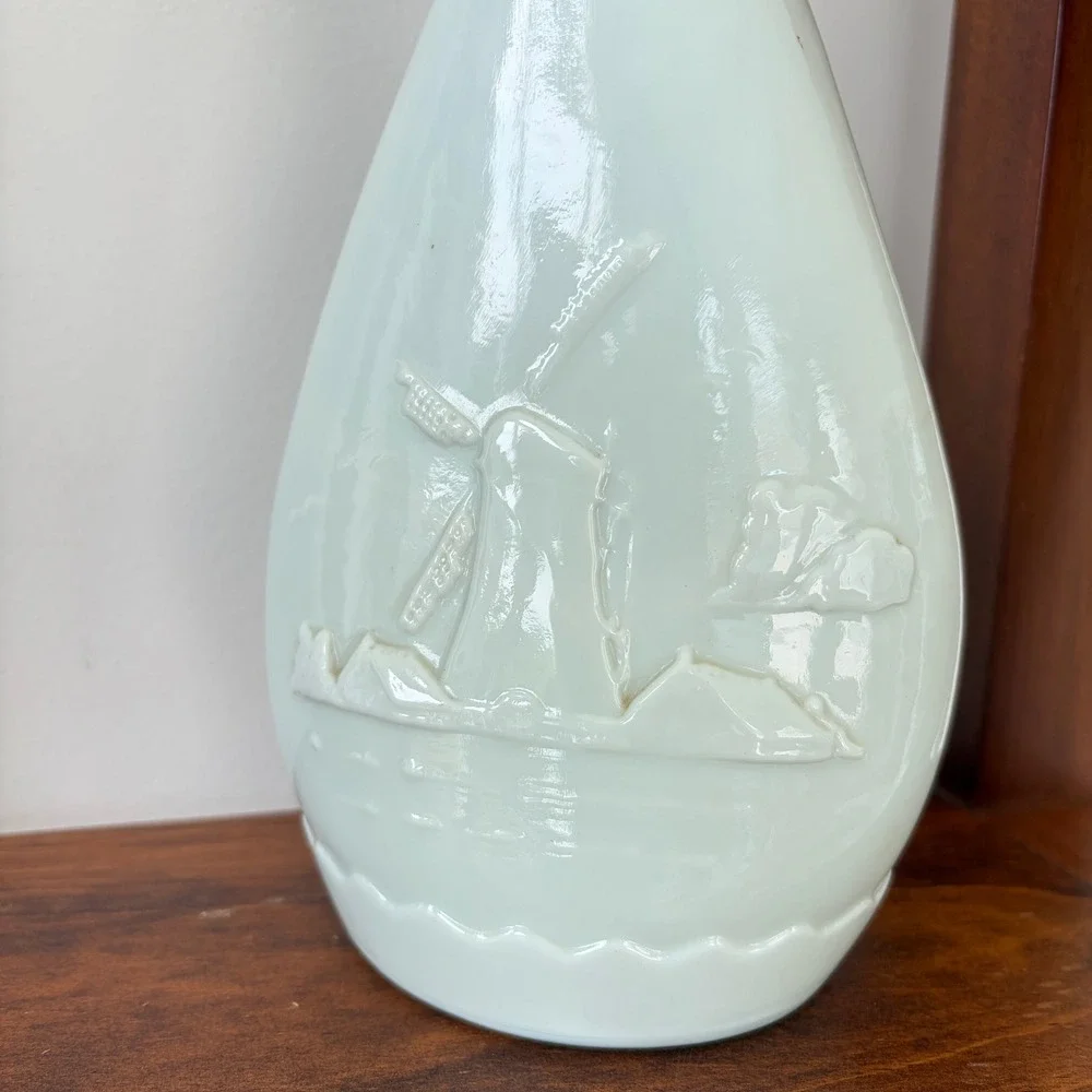 Vintage Milk Glass Nautical Sailboat Windmill Decanter Bottle Blue White 10.75in